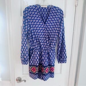 Everleigh Blue Boho Print Romper Long Sleeve Tassel Waist Size S
